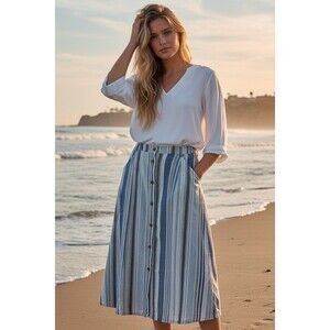 St Johns Bay Skirt Womens XL Linen Blend Button Front Midi A-Line Coastal Beach